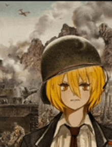 a girl wearing a helmet and tie is standing in front of a battle scene .