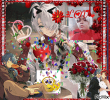 a collage of anime characters with the word love in red letters