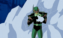 a man in a green suit with the letter g on his chest is holding an arrow