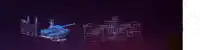 a purple background with a blue tank and a building