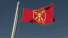 a red flag with the letter g on it flies in the wind