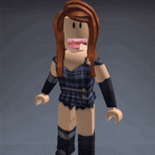 a girl in a plaid top and black boots has a picture of her mouth on her face