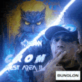 a man smoking a cigarette in front of a picture of an owl that says crom
