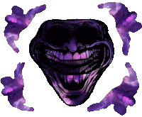 a purple troll face is surrounded by purple hands on a white background
