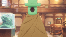 a cartoon character with a green hat and a brown cape is standing in a hallway