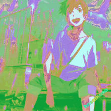 a green and pink anime character is sitting on a bench