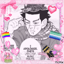 a pixel art of a man with the words i apologize she 's really rude