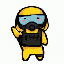 a cartoon drawing of a person wearing a gas mask and a helmet