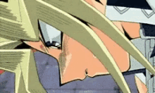 a close up of a cartoon character 's face with a sword in his hand .