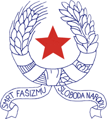 a drawing of a wreath of wheat with a red star and the words smrt fasizmu sloboda narod