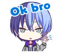 a cartoon of a boy with blue hair and the words ok bro written above him .