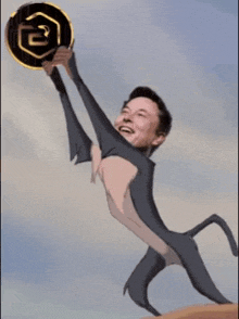 a cartoon of elon musk as a monkey holding a coin with the letter b on it