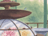 a painting of a tower of plates with a spoon in the middle