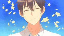 a drawing of a boy smiling with stars flying around him