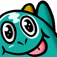 a close up of a cartoon character with big eyes and a pink tongue sticking out
