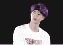 a young man with purple hair wearing a headband and a white shirt