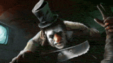 a clown in a top hat is holding two guns in his hands
