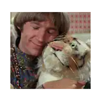 a man is holding a stuffed tiger in his arms and smiling .