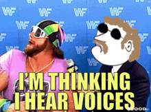 a cartoon of two men with the words i 'm thinking i hear voices behind them