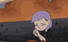 a cartoon girl with purple hair is sitting on the ground with her hands folded