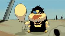 a cartoon character is holding a chicken leg with blood coming out of his mouth