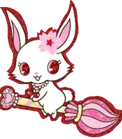 a white rabbit with a pink flower on its head is holding a pink broom
