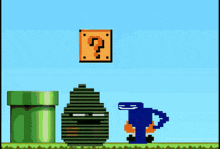 a video game scene with a green pipe and a blue cartoon character