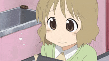 a cartoon girl is looking at something in a sink
