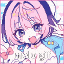 a pixel art drawing of a girl with a bow tie and the words melo gif .