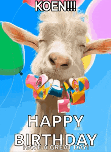a birthday card with a goat holding balloons and confetti in its mouth