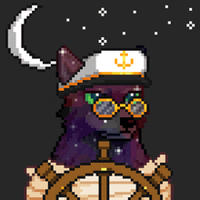 a pixel art illustration of a cat wearing a captain 's hat and goggles