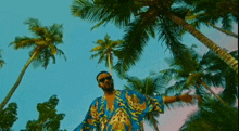 a man in a hawaiian shirt is standing under palm trees