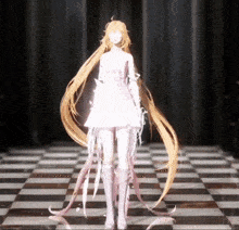 a girl with long blonde hair is standing on a checkerboard floor