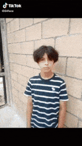 a young boy wearing a blue and white striped shirt stands in front of a brick wall .