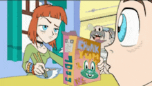 a cartoon drawing of a girl giving a box of chunk com to a boy