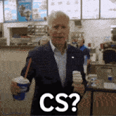 a man in a suit is holding an ice cream cone and the word cs is on the bottom