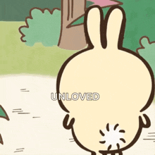 a cartoon rabbit with the word unloved written on it 's back .