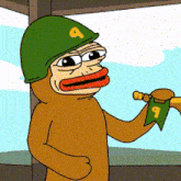 a cartoon of a monkey wearing a green helmet and holding a flag with the number 9 on it