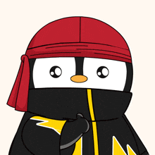 a penguin wearing a red headband and black jacket
