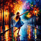 a girl in a blue dress is dancing in the rain