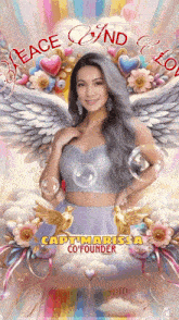 a woman with wings and the words peace and love