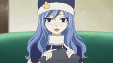 a girl with blue hair and a hat with a yellow flower on it is knitting