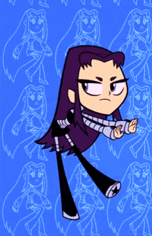 a cartoon character with purple hair is standing in front of a pattern