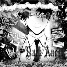 a black and white image of a man with a sign that says all body parts are sold as is no returns