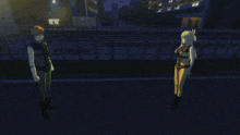 a man and a woman are standing in front of a train that says / b1486 on the side