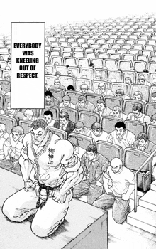 a black and white drawing of a man kneeling down in front of a crowd .