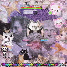 a collage of cats and a statue with the words happiness depends upon meowsel picmix