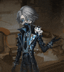 a man with a cat on his shoulder is standing in a dark room