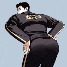 a man in a black jacket with chinese writing on it