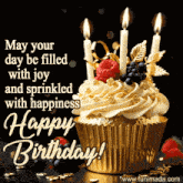 a birthday card with a cupcake and candles and the words " may your day be filled with joy and sprinkled with happiness "